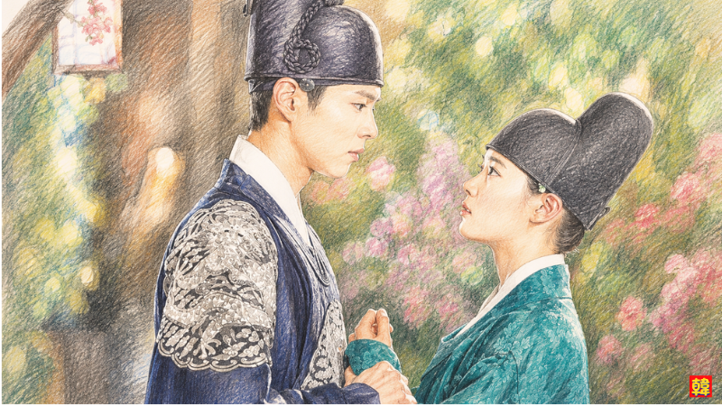 韓国ドラマ『雲が描いた月明かり』で世子イ・ヨンと男装したラオンが向かい合う胸キュンシーンのイラスト風画像