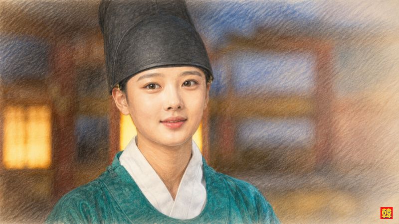 韓国ドラマ『雲が描いた月明かり』で男装して宮廷の内官として働くラオンの微笑むイラスト風画像