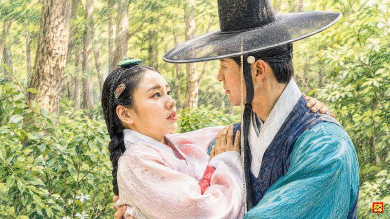 ドラマ『恋人〜あの日聞いた花の咲く音〜』。緑豊かな森を背景に、伝統的な帽子（カッ）と韓服を身にまとったナムグン・ミンが、チマチョゴリ姿の女性を抱き寄せ、情熱的に見つめ合うシーン。