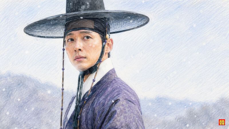 ドラマ『恋人〜あの日聞いた花の咲く音〜』。雪が舞う背景の中、カッ（帽子）と紫色の高貴な韓服を着用し、切なくも力強い眼差しを遠くへ向けるナムグン・ミンのソロカット。