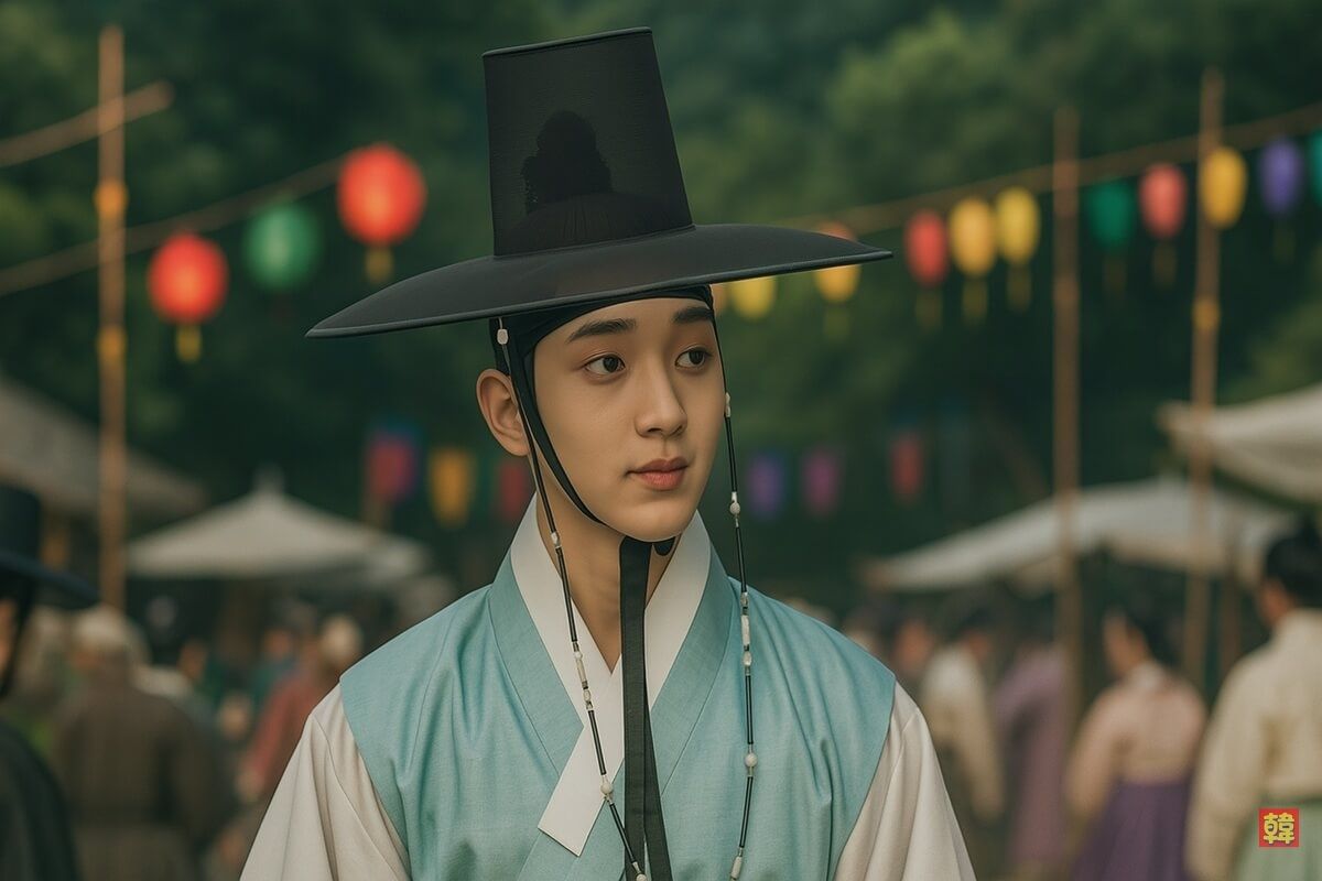 韓国ドラマ『オク氏夫人伝』の登場人物イメージ。青い韓服と黒い冠を身につけた若い男性が、時代劇風のにぎやかな市場の背景の中で微笑むリアル写真風画像