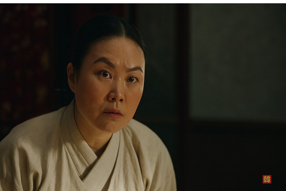韓服姿の中年女性が、薄暗い室内で真剣な眼差しを向けているリアル写真風イメージ（韓国ドラマ『オク氏夫人伝』登場人物マクシムのイメージ