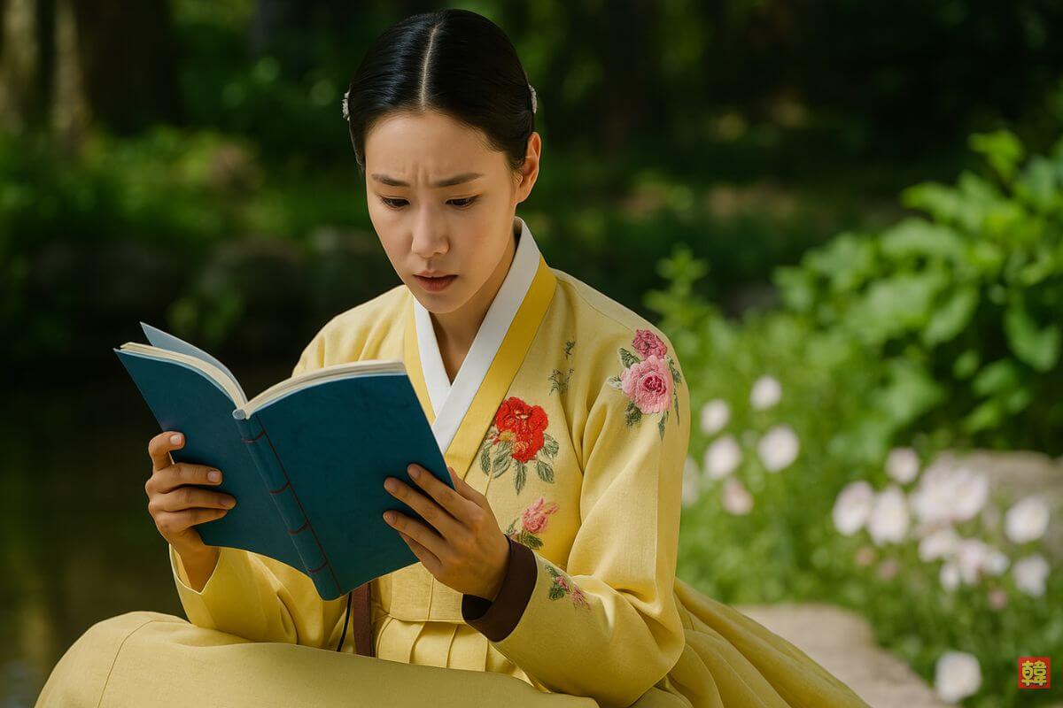 韓服を着た女性が自然の中で真剣に本を読む、韓国時代劇「オク氏夫人伝」の勉学シーン