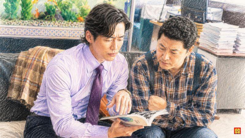 ドラマ『わずか1000ウォンの弁護士』。事務所のような場所で、紫のシャツにネクタイ姿のナムグン・ミンが、隣の男性と資料を見ながら話し合っているシーン。