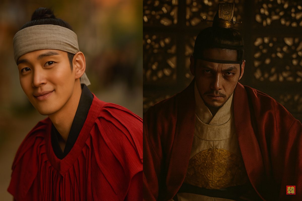 道化師姿と王の姿、二つの顔を持つ主人公を対比的に描いた印象的なイメージ。韓国ドラマ「王になった男」の象徴的シーン。