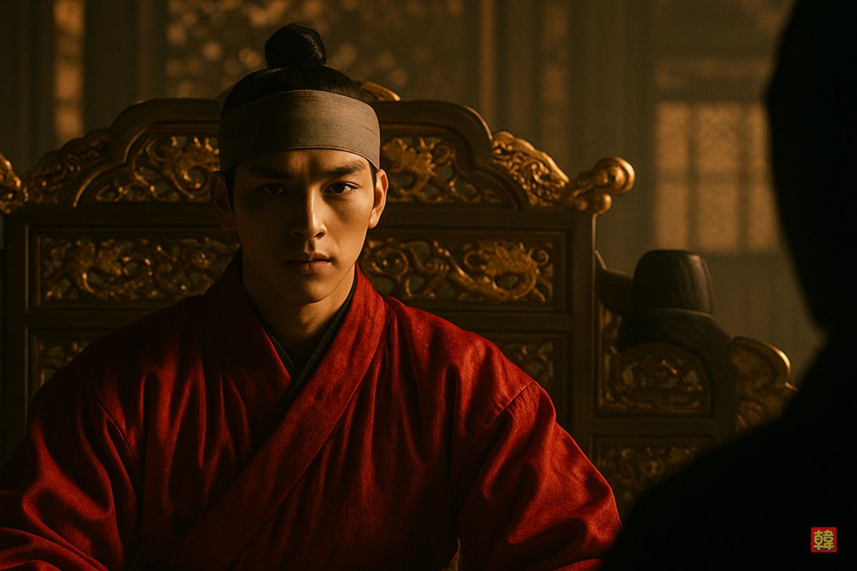 王座に座る王の威厳ある姿。豪華な玉座と赤い衣装が印象的な韓国時代劇のワンシーン。
