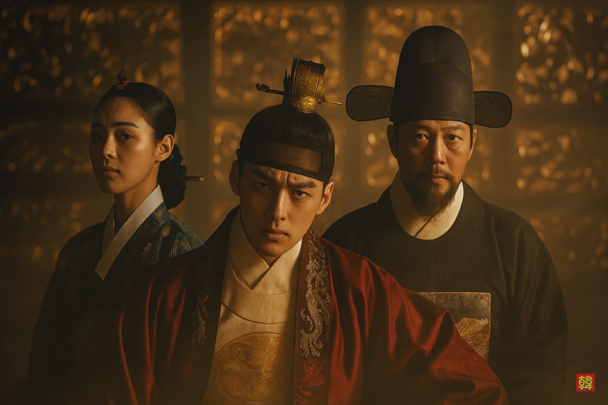 王とその側近たちが並ぶ、重厚な雰囲気の宮廷シーン。韓国ドラマ「王になった男」の主要キャラクターたち