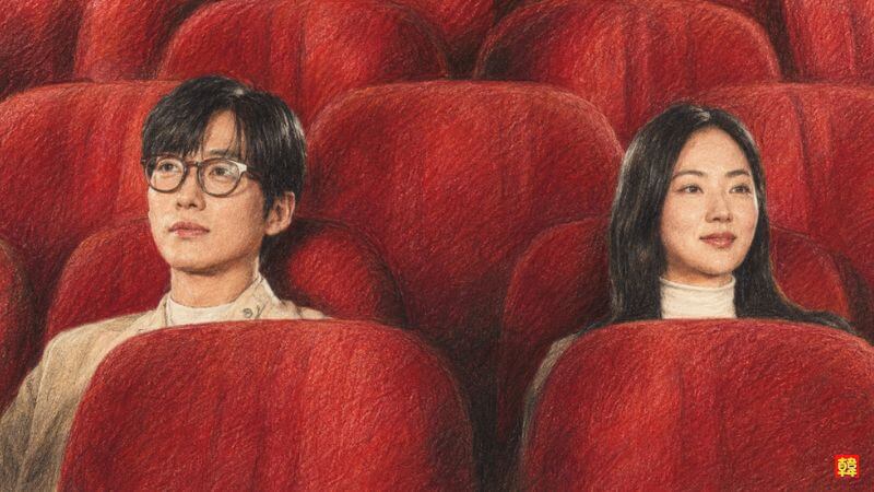 ドラマ『私たちの映画』。赤い観客席が並ぶ映画館で、眼鏡をかけたナムグン・ミンと隣の席の女性が前を見つめているシーン。