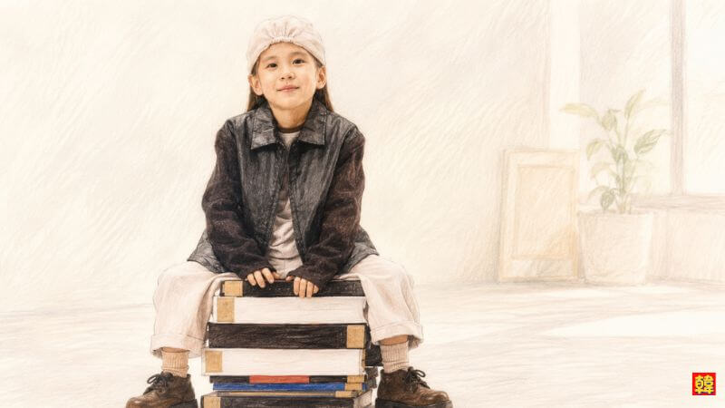 子供服ブランドのモデルとしてデビューした当時のパク・ウンビン。本の上に腰掛け、黒いジャケットに白い帽子をかぶって微笑む子役時代のイラスト。