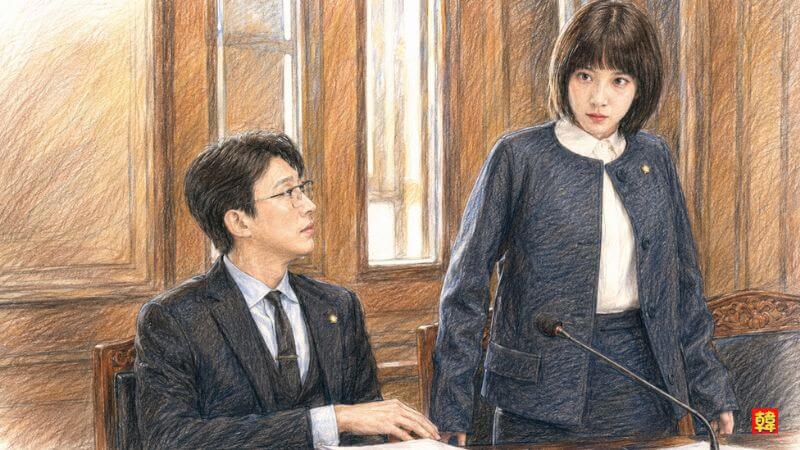 ドラマ『ウ・ヨンウ弁護士は天才肌』の法廷シーン。紺色のスーツを着て凜と立つウ・ヨンウ役のパク・ウンビンと、隣に座る弁護士チョン・ミョンソク役のカン・ギヨンのイラスト。