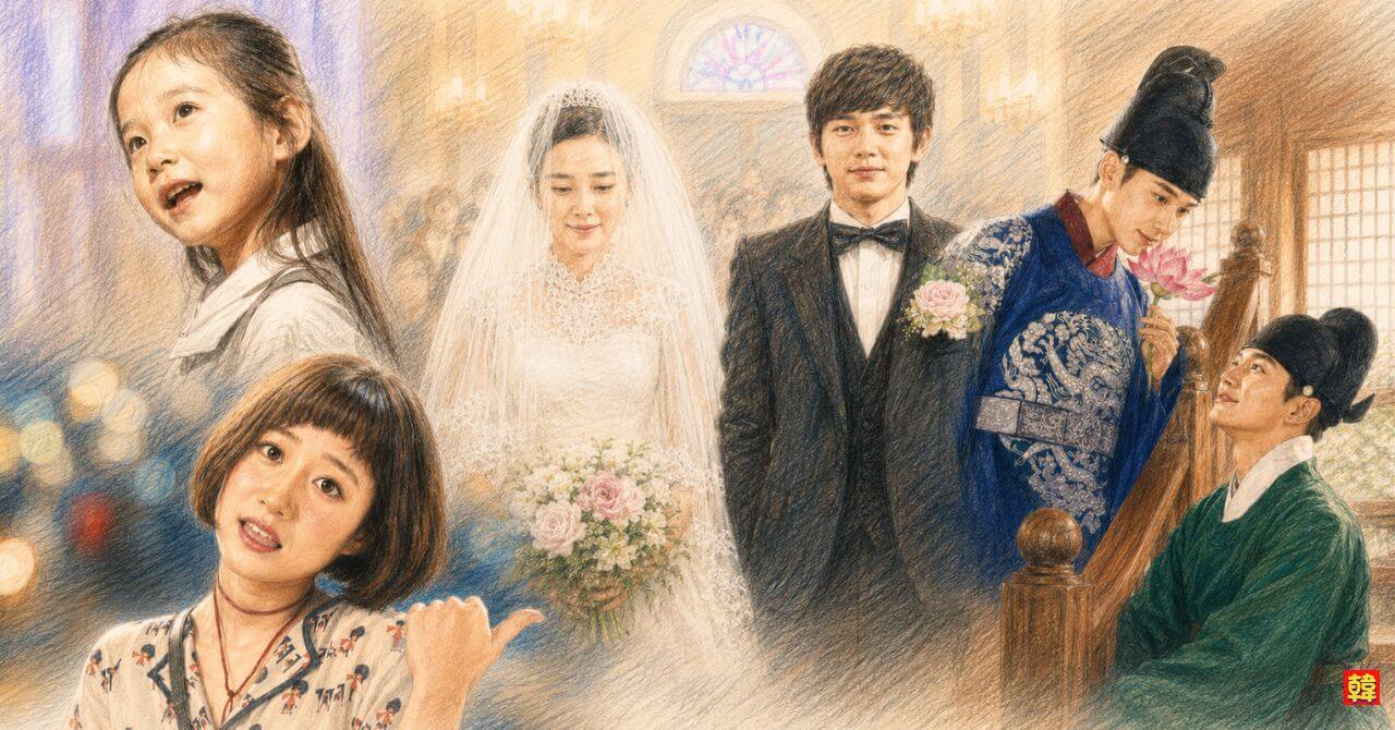パク・ウンビンの代表作を凝縮したブログ記事用アイキャッチイラスト。子役時代、ドレス姿の『プロポーズ大作戦』、ショートボブの『青春時代』、男装した王の衣装を着た『恋慕』など、様々な役柄のポートレートが美しくコラージュされた色鉛筆風デザイン。
