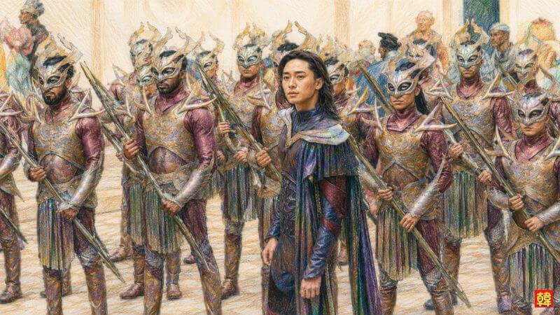 映画「マーベルズ」でアラドナのヤン王子を演じ、兵士たちを率いるパク・ソジュン