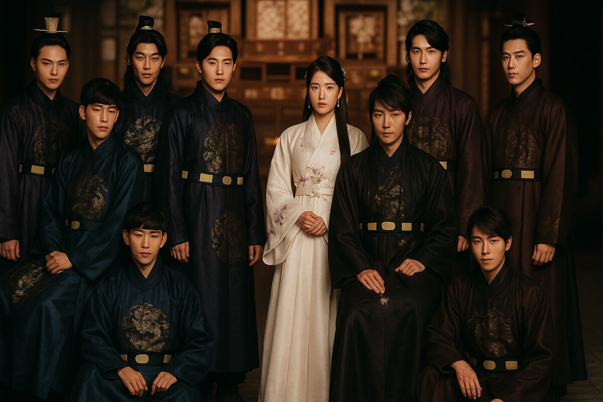 韓国ドラマ『麗〈レイ〉〜花萌ゆる8人の皇子たち〜』より、宮廷に並ぶ8人の皇子とヒロインが揃った荘厳なイメージ｜それぞれの個性が光る伝統衣装