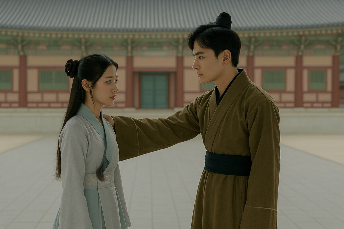 韓国ドラマ『麗〈レイ〉〜花萌ゆる8人の皇子たち〜』より、宮廷内で見つめ合う若き皇子とヒロインの切ない別れの瞬間