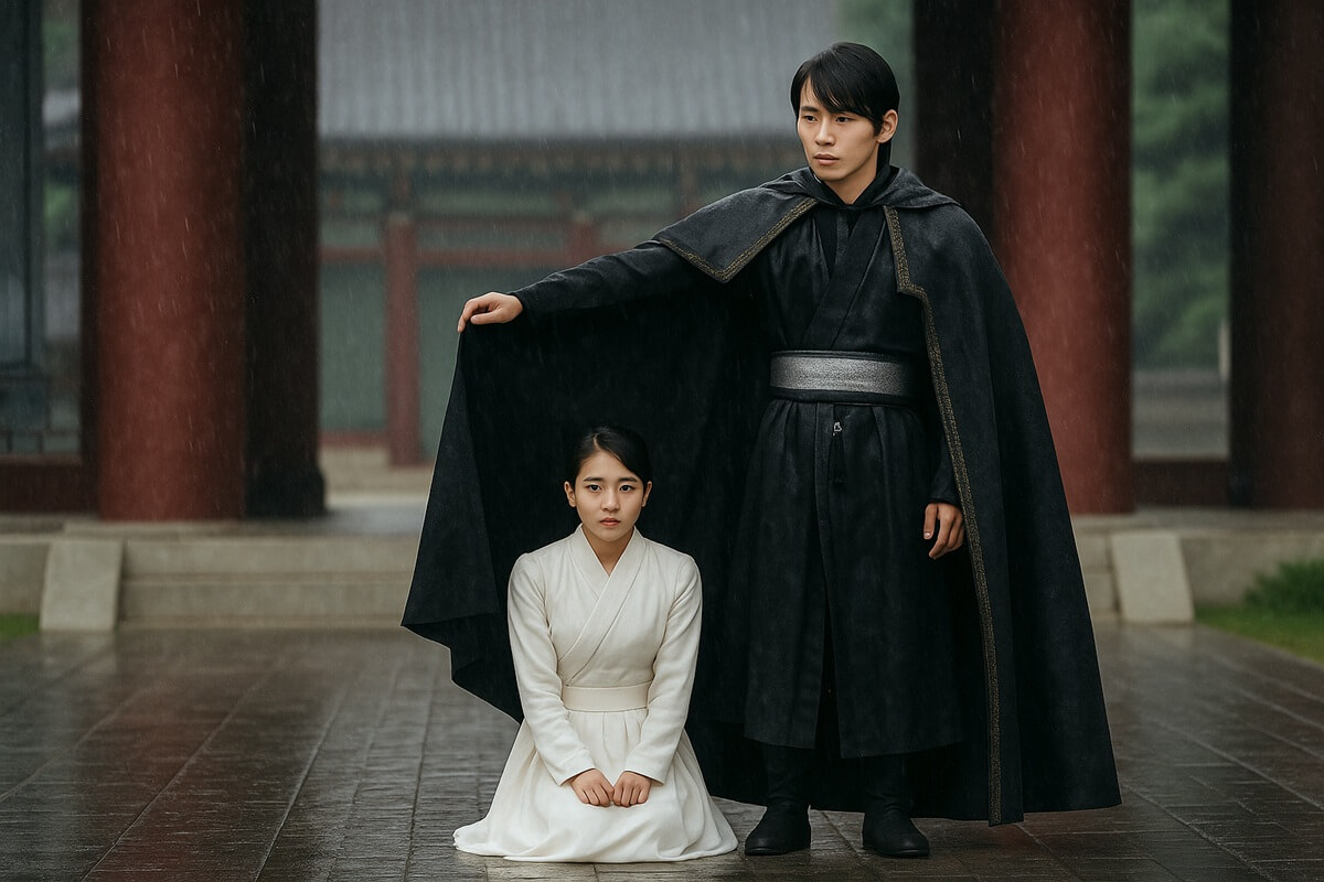 『麗〈レイ〉〜花萌ゆる8人の皇子たち〜』の名シーン｜雨に濡れながらも、皇子が黒いマントでひざまずくヒロインを守る感動の場面