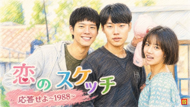 韓国ドラマ『恋のスケッチ~応答せよ1988~』でパク・ボゴムを含む3人の若者が笑顔で並ぶイラスト風キービジュアル画像