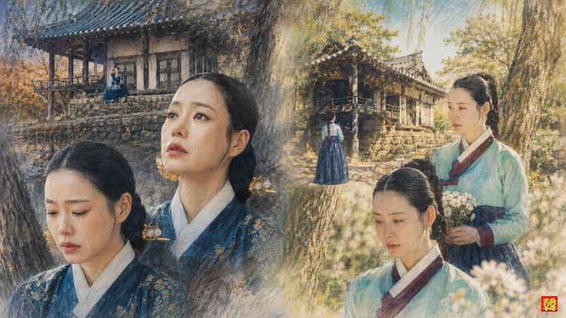 素晴らしき新世界 思い出の場所で島流しの大君を待つ女官時代のダンシムと、禧嬪となり訃報に涙するダンシムを重ねた12話の回想イラスト