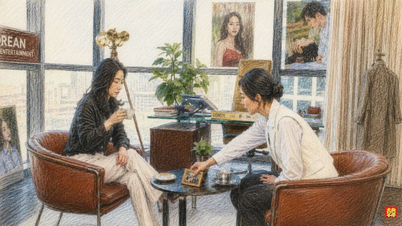 素晴らしき新世界 事務所で女社長がソリに昔の写真を渡す場面 記憶とトラウマを示すイラスト