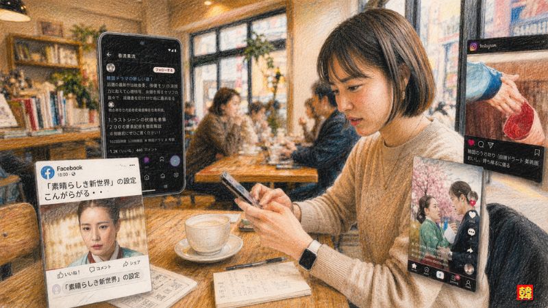 素晴らしき新世界の設定がこんがらがると悩む視聴者 カフェでスマホとSNSの考察を見る女性のイラスト