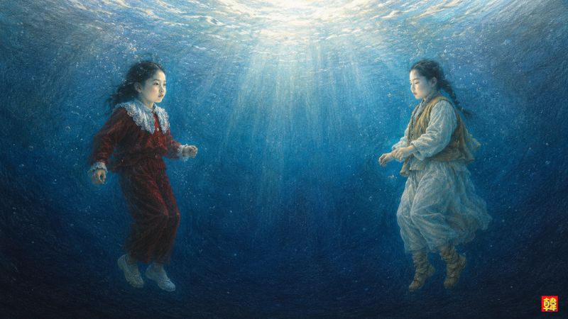 水中で左右対称に向き合う、子どものソリと旅装束の子どものダンシム。合わせ鏡の構図。色鉛筆タッチ。