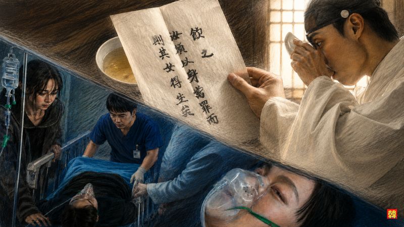 手術室の前で泣くソリに、クム菩薩に憑依したファン氏が「運命の鎖を断ち切るのなら救える」と告げる場面