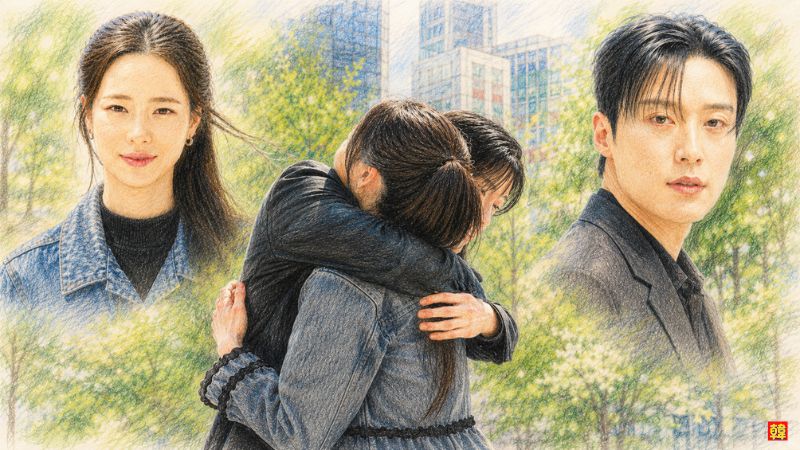 博物館の前で再会し抱き合う、現世のシン・ソリとチャ・セゲ
