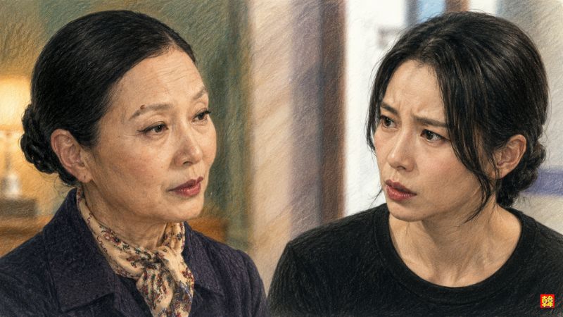 手術室の前で泣くソリに、クム菩薩に憑依したファン氏が「運命の鎖を断ち切るのなら救える」と告げる場面