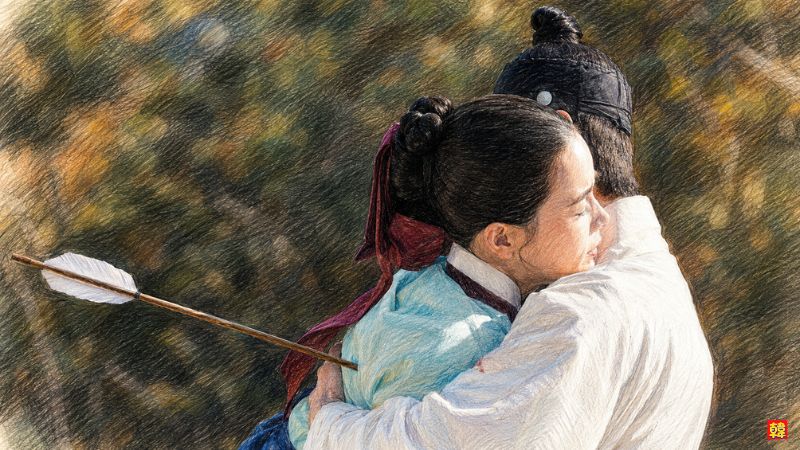 崖際で、大君を狙う矢から彼をかばい、背に矢を受けて抱きしめるカン・ダンシム