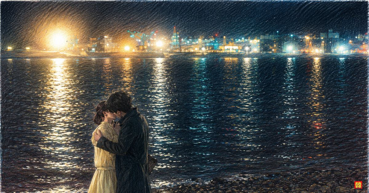 『素晴らしき新世界』夜の港を背景にしたキスシーンの演出を描いた色鉛筆イラスト<br><noscript><img src=