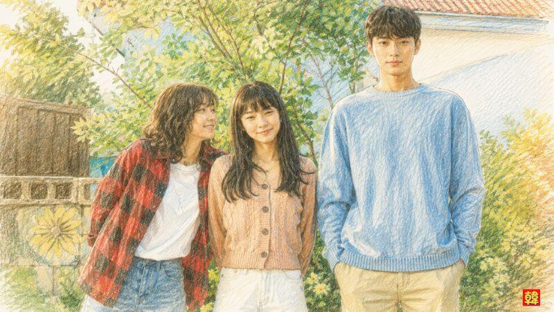 ピョン・ウソク『ソウルメイト』｜カフェ前で向き合う男女3人の三角関係シーン。
