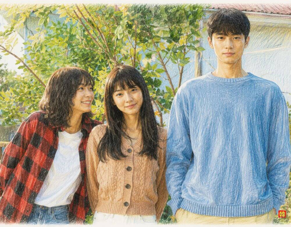 2026年最新Hulu配信の韓国映画「ソウルメイト」3人の若者が庭先で寄り添う青春と友情を描いた色鉛筆画風イラスト