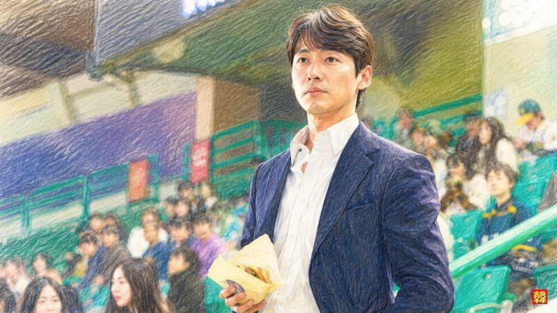 ドラマ『ストーブリーグ』。カジュアルな服装で食べ物を持ったナムグン・ミン。