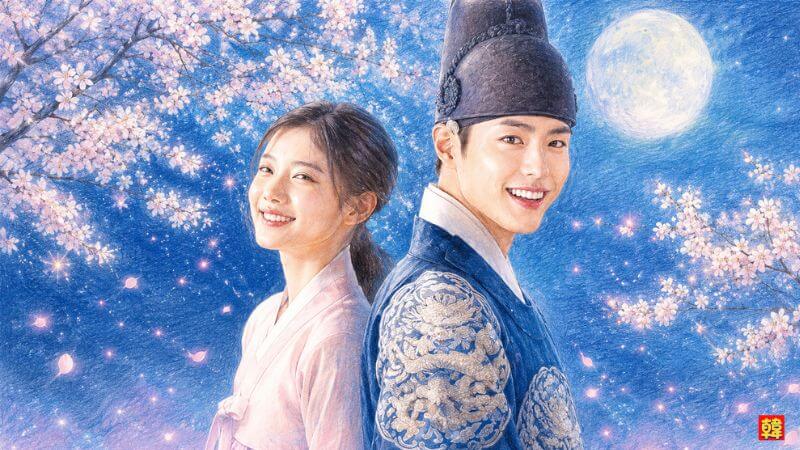 韓国ドラマ『雲が描いた月明かり』のイメージ。桜と月夜の情景（色鉛筆風イラスト）