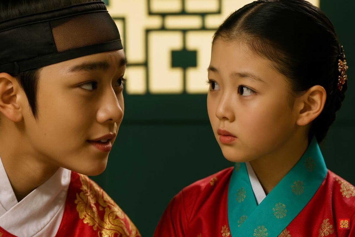 韓国ドラマ『太陽を抱く月』の子供時代をイメージしたリアル風写真。赤と金の王子衣装を着た少年と、華やかな韓服姿の少女が向かい合い、仲睦まじく見つめ合っているシーン。背景には韓国伝統建築の模様が見える。