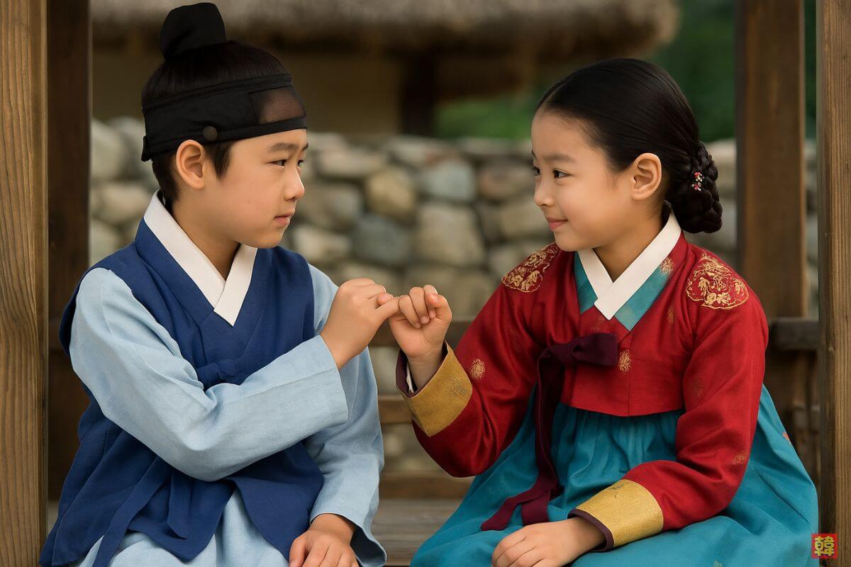 韓国時代劇をイメージした、幼馴染の少年と少女が指切り約束を交わす微笑ましいワンシーン。藁葺きの家と石垣を背景に、伝統的な韓服を着て向かい合う二人の姿が印象的な画像。