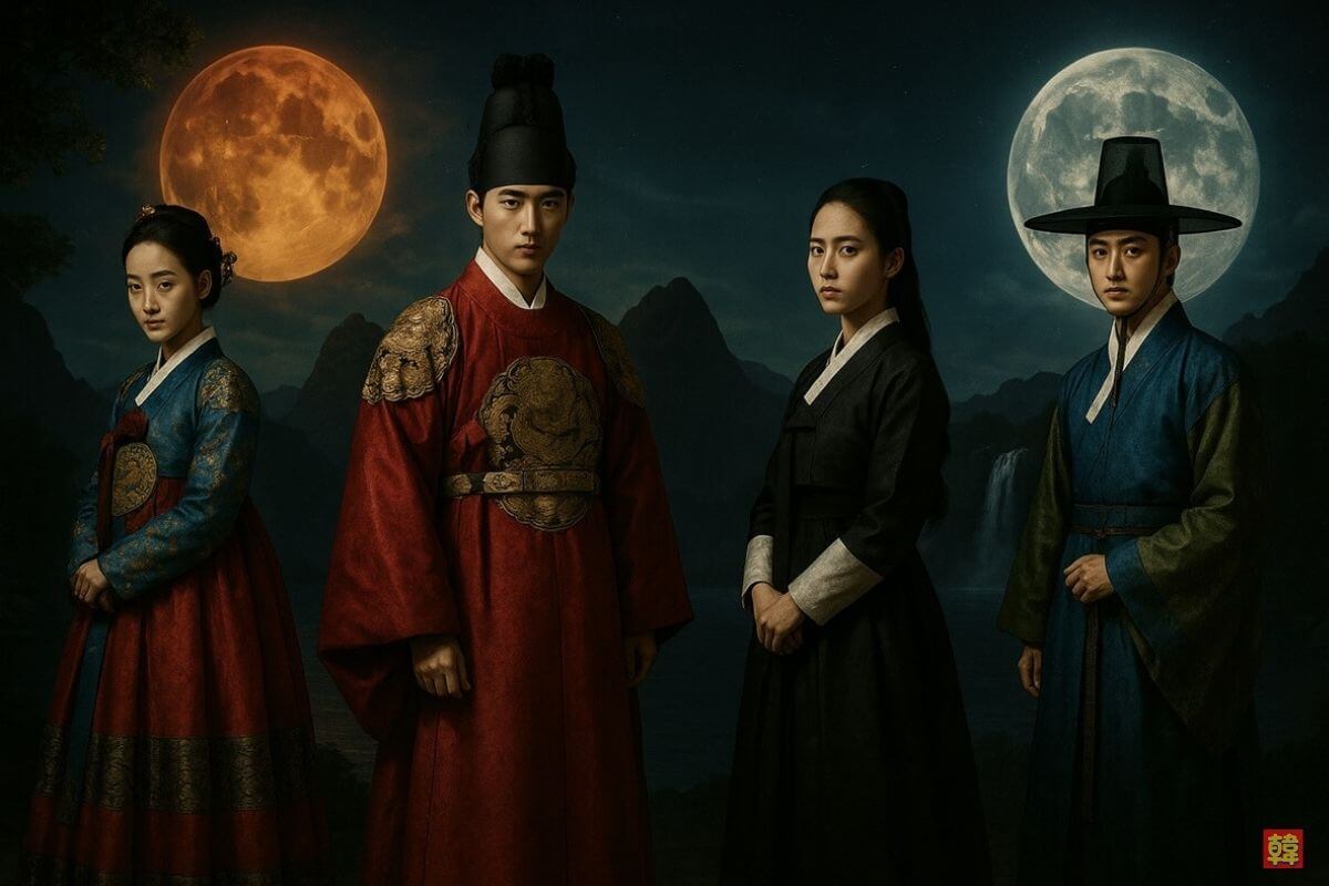 韓国ドラマ『太陽を抱く月』主要キャスト4人のイメージビジュアル｜王族の衣装に身を包んだ男女が月明かりの下にたたずむ幻想的な構図