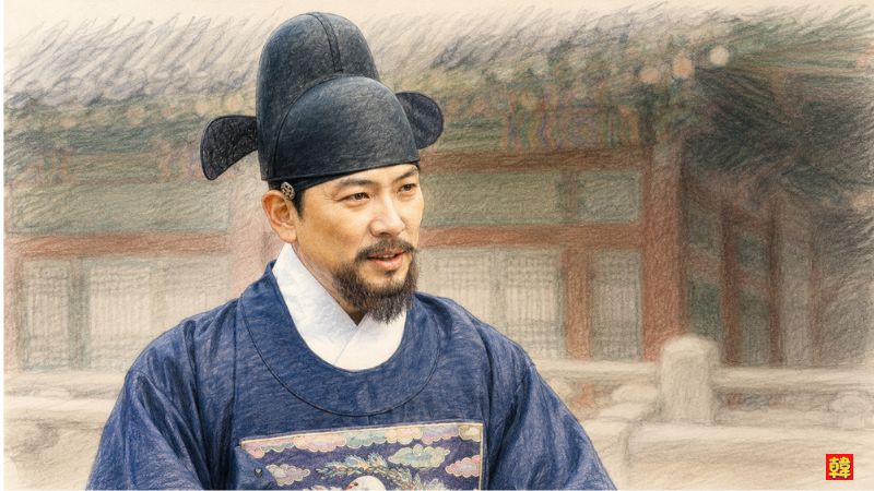 韓国ドラマ『王になった男』で王の側近として仕える都承旨が宮廷衣装で佇むイラスト風アップ画像