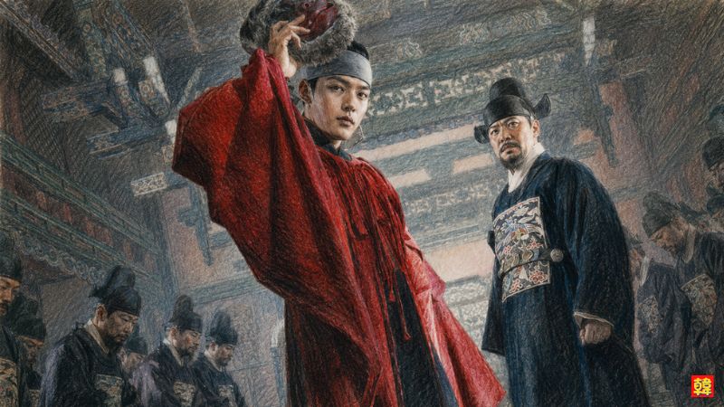 韓国ドラマ『王になった男』で王にうり二つの道化師ハソンと王の側近・都承旨が並び立つ緊迫したシーンのイラスト風画像