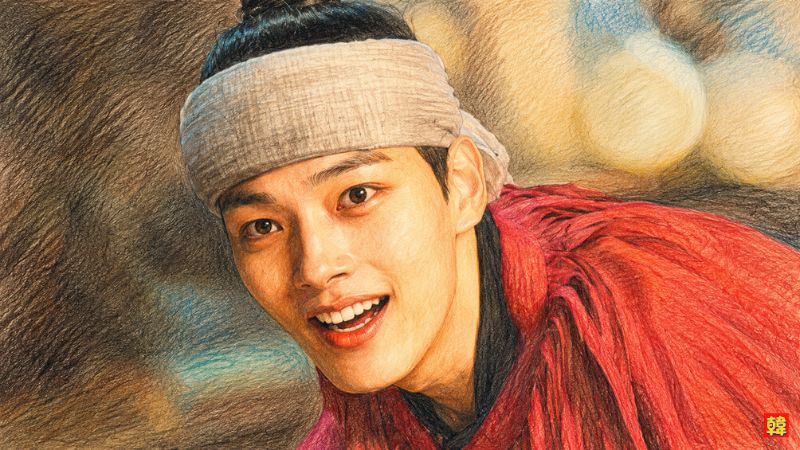 韓国ドラマ『王になった男』で道化師ハソンが明るい笑顔を見せるイラスト風アップ画像