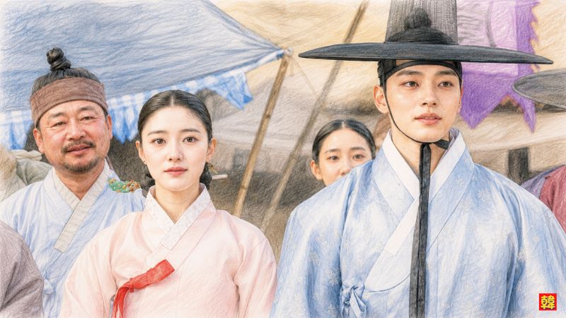 韓国ドラマ『王になった男』で王になったハソンが王妃ユ・ソウンとともに町中を視察し民の暮らしを見つめるシーン画像