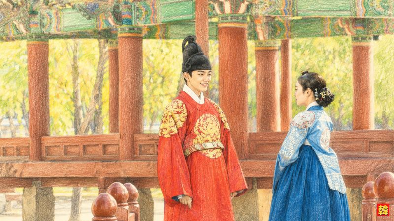 韓国ドラマ『王になった男』で王として即位したハソンと王妃ユ・ソウンが宮廷で向き合うロマンチックなシーン画像