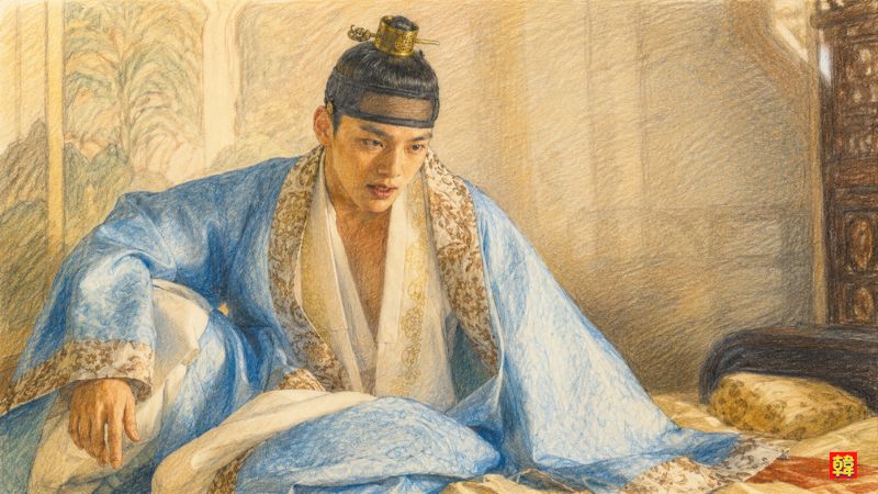 韓国ドラマ『王になった男』で孤独と狂気が入り混じった王イ・ホンが玉座で苦悩するイラスト風シーン画像