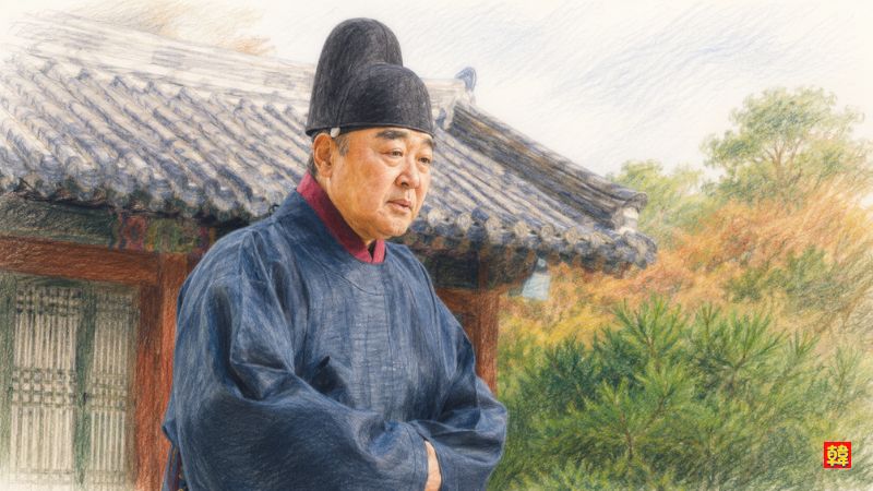 韓国ドラマ『王になった男』で王に長年仕えてきた忠臣チョ内官が穏やかな眼差しを向けるイラスト風ポートレート画像