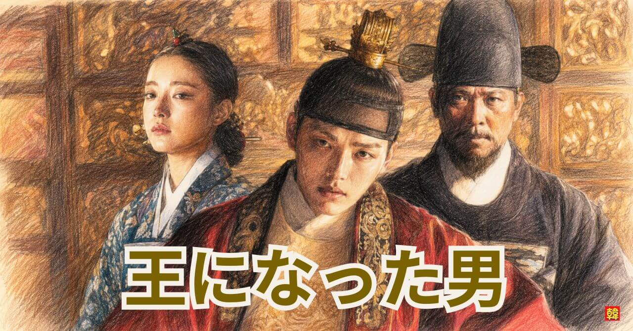 韓国ドラマ『王になった男』で王になったハソンと王妃ユ・ソウン、都承旨が並ぶメインビジュアル画像