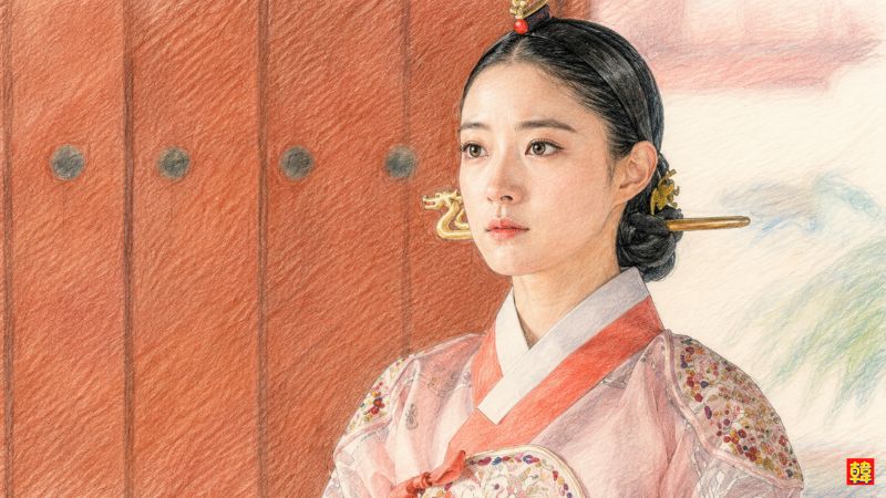 韓国ドラマ『王になった男』でイ・セヨン演じる王妃ユ・ソウンが凛とした表情で佇むイラスト風ポートレート画像
