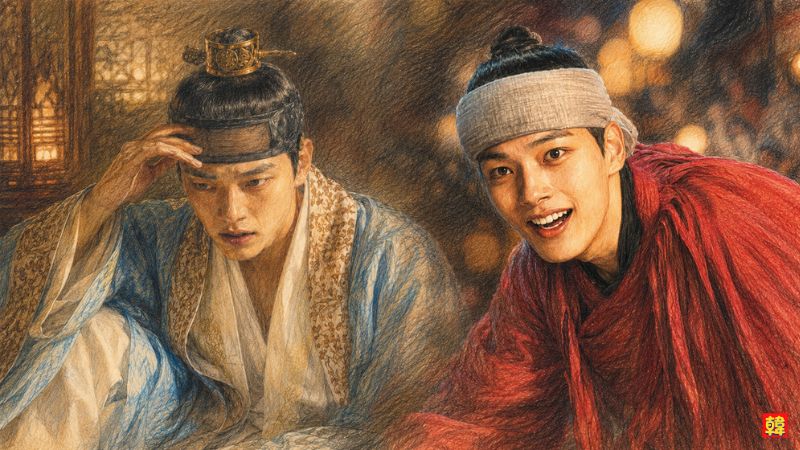 韓国ドラマ『王になった男』で狂気の王と道化師ハソンという二役を演じるヨ・ジングが対照的な表情を見せる場面画像