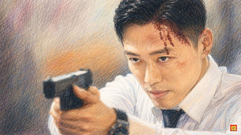 ドラマ『黒い太陽〜コードネーム：アムネシア〜』。額から血を流し、鋭い眼差しで正面に向かって拳銃を構えるシリアスなナムグン・ミン。