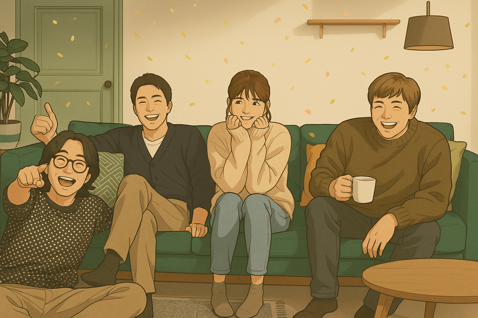 友情とやさしさがあふれる『マイ・ディア・ミスター』のワンシーン風イラスト｜U-NEXTで観られる感動必至の韓ドラ第1位