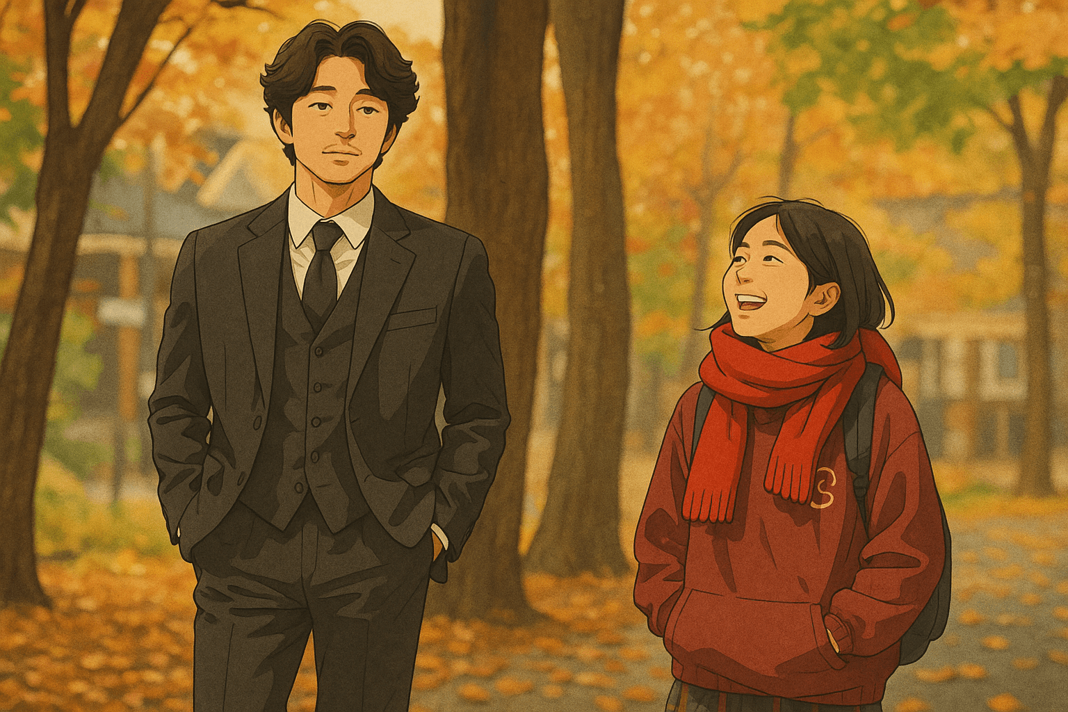 静かな秋の道を歩くトッケビとウンタク｜U-NEXT限定“泣ける韓ドラ”第2位『君がくれた愛しい日々』の印象的なワンシーン風画像