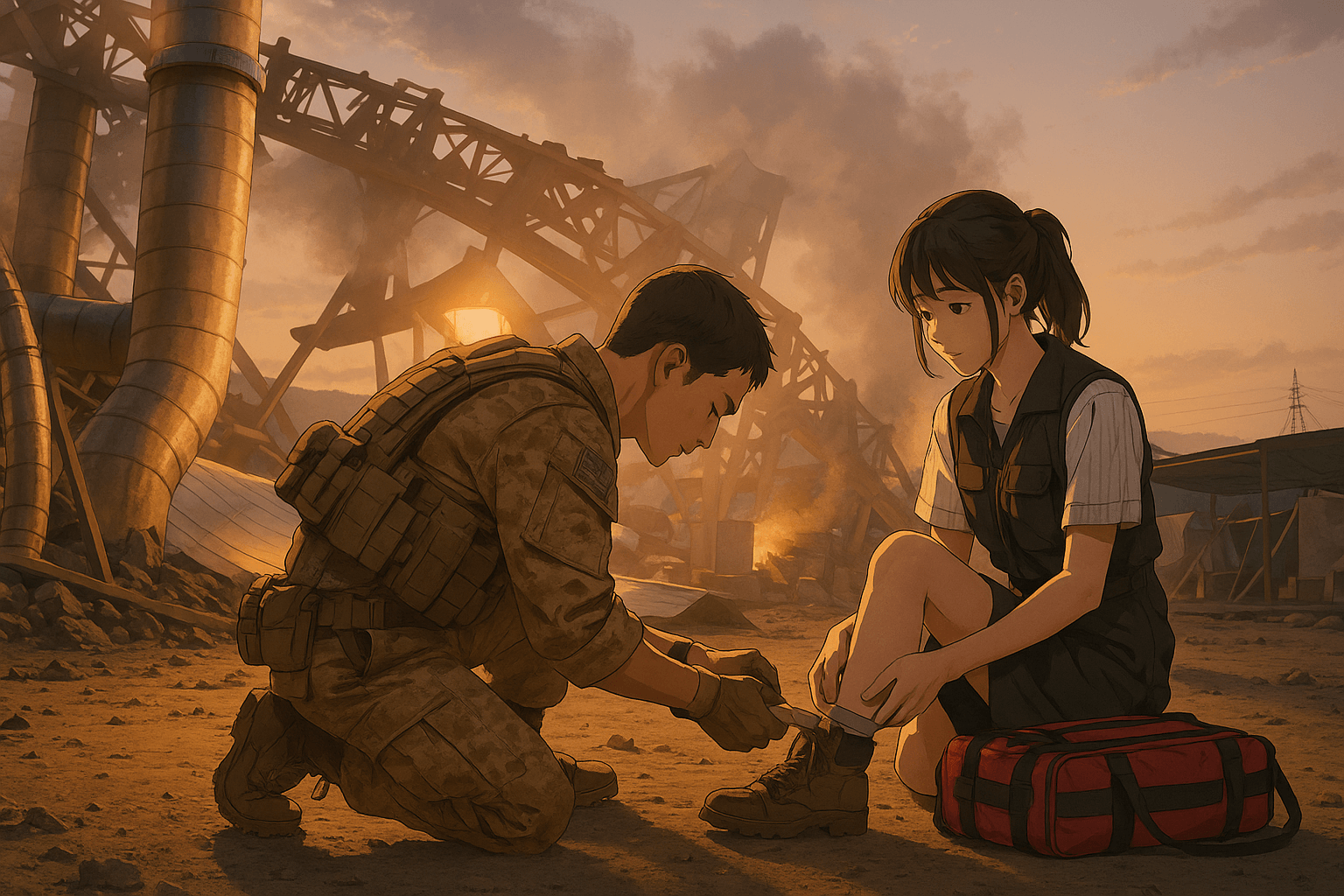 戦地で医師の足を手当てする軍人の姿｜U-NEXT限定配信『太陽の末裔』感動の名シーンを再現したサムネイル画像